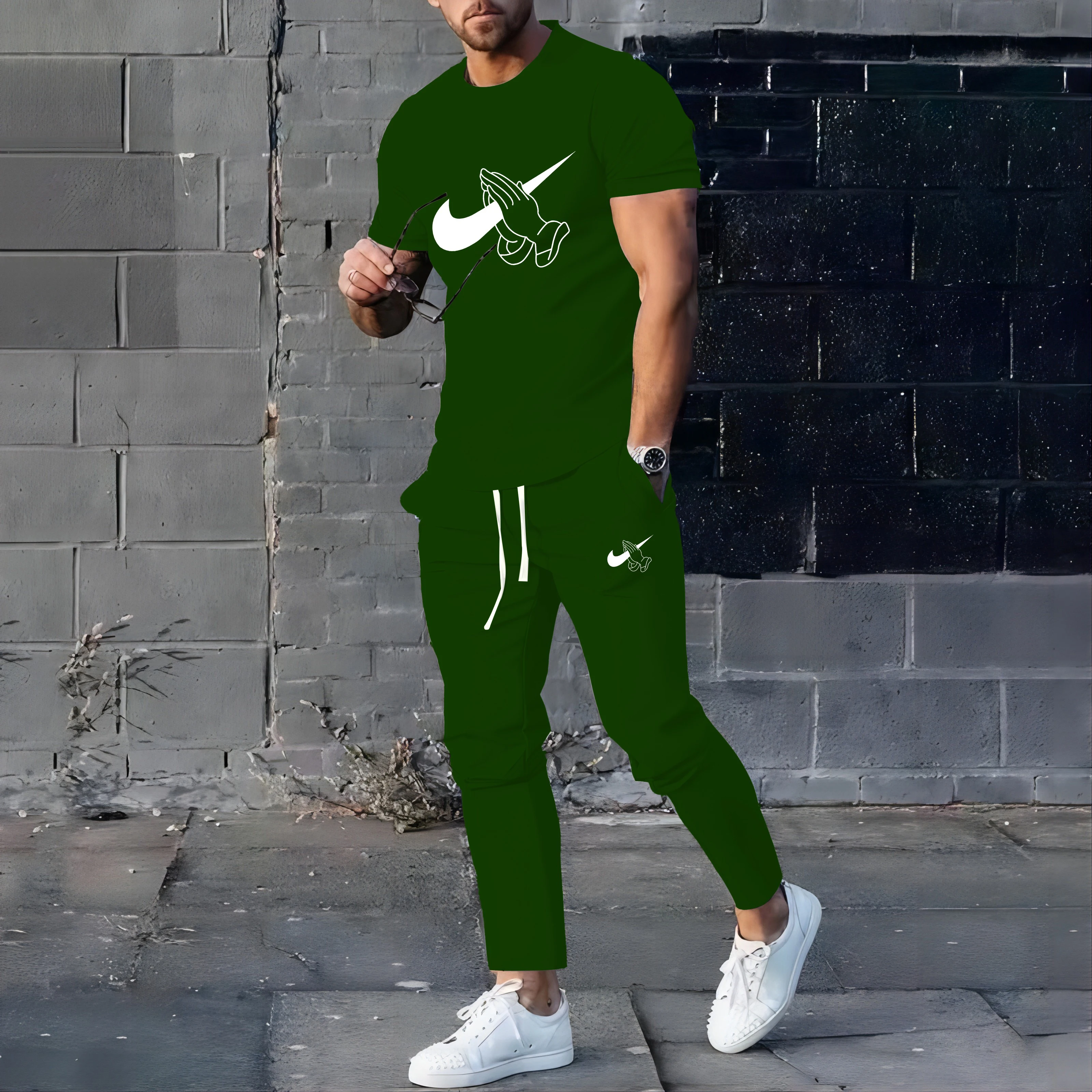 New high-quality 3D round neck short sleeved T-shirt long pants street wear sports men\'s clothing two-piece set for summer 2024