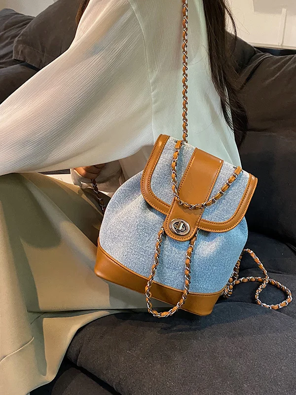 Korean Style Denim Retro Single Shoulder Women's Fashion Backpack Small Popular Chain Bag Commuter Soft Handle Bucket Shape
