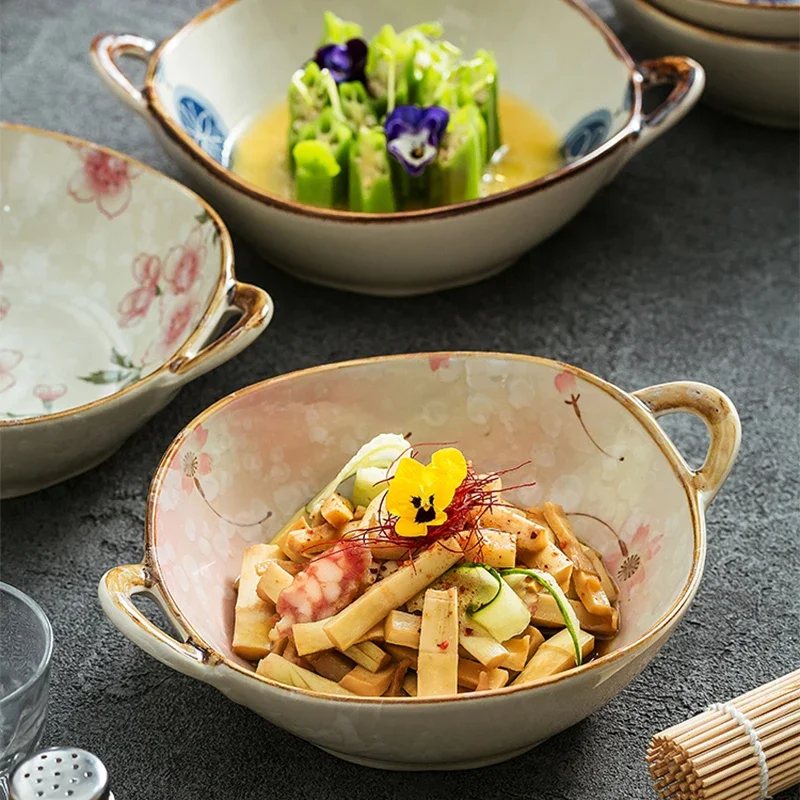 Double Handle Soup Bowl 7.25inch Japanese Style Ceramic Salad Bowl 650ml Large Household Noodle Bowl Microwave Tableware