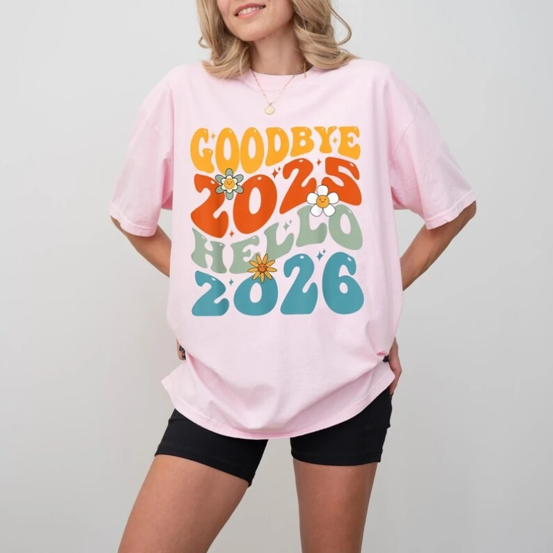 Goodbye 2025 Hello 2026 Retro Groovy New Year T Shirt Colorful Daisy 70s Style Tee Happy New Year Party Outfit Short-sleev