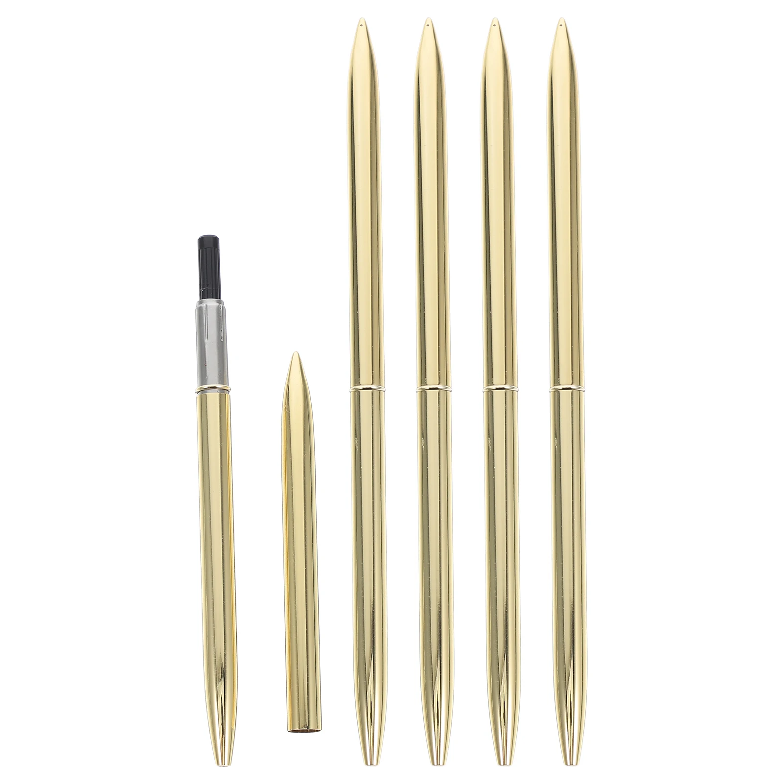 ปากกาลูกลื่นโลหะ 5 ชิ้น เครื่องมือเขียนแบบกดได้ เขียนลื่นไหล เหมาะสำหรับเขียนในสมุดบันทึก ลายเซ็น พกพาสะดวก ดีไซน์เพรียวบาง หมึกสีดำ
