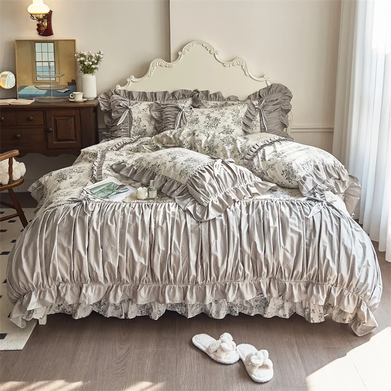 Korean Style Pleat Lace Ruffles Printing Bedding Set 100% Cotton French Vintage Flowers Duvet Cover Set Bed Sheet Pillowcases