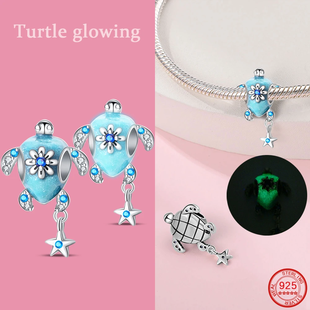 Charm 925 Sterling Silver Green Luminous Secret Turtle Pendant Suitable Fit DIY Fine Jewelry Gift New