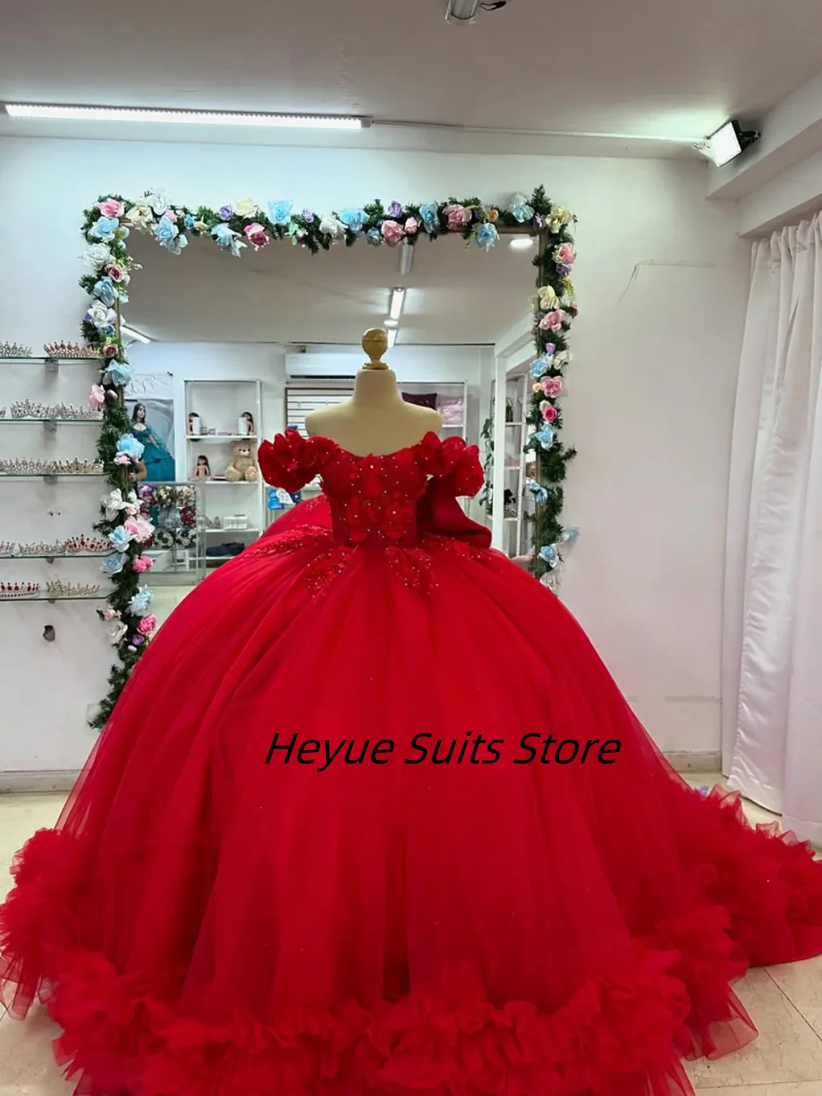 

Роскошное нежное платье принцессы Quinceanera по индивидуальному заказу, красное платье с открытыми плечами и цветочной аппликацией, Vestido De 15 Anos
