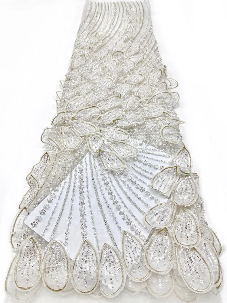3D African Beaded Sequined Lace Fabric  French Nigerian Tulle Lace Embroidery Fabric for Bridal Wedding Gown Materials