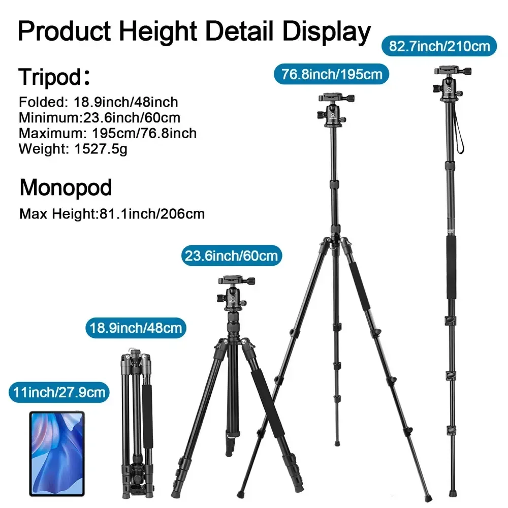 ZOMEI C11 210cm Portable  Aluminum Alloy Tripod Universal Camera Phone Lightweight Stand Tripod for DSLR Camera Smartphone