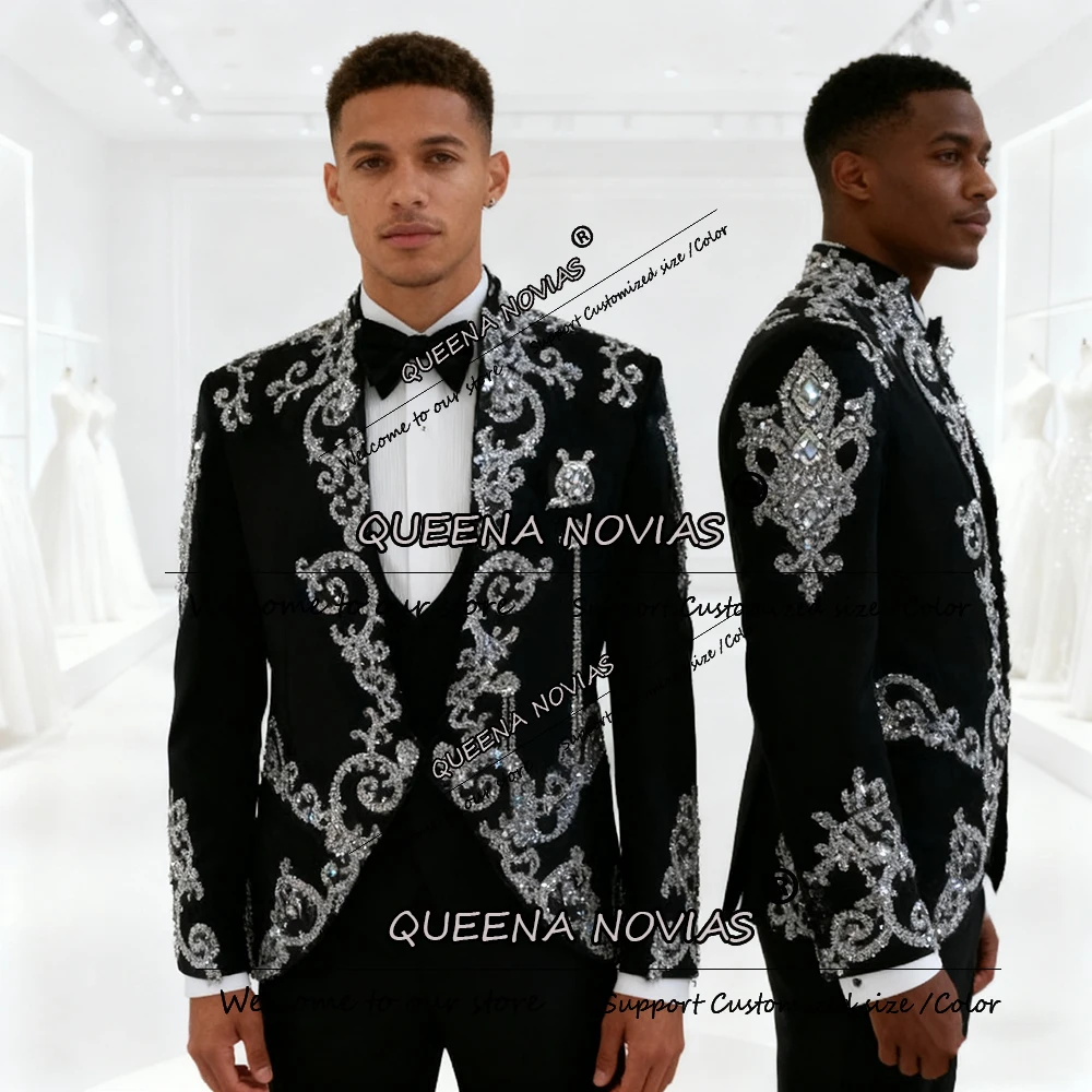 

Glittering Beaded Crystals Suit Men Slim Fit 2 Piece Jacket Pants Customized Exquisite Groom Wedding Tuxedos trajes para hombre