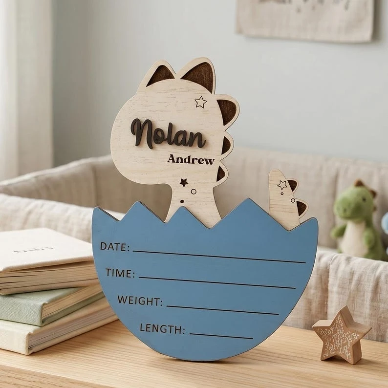 Personalized Dinosaur Egg Wooden Birth Announcement Sign Baby Name Plaque Newborn Photo Prop Boys Nursery Decor Baby Shower Gift