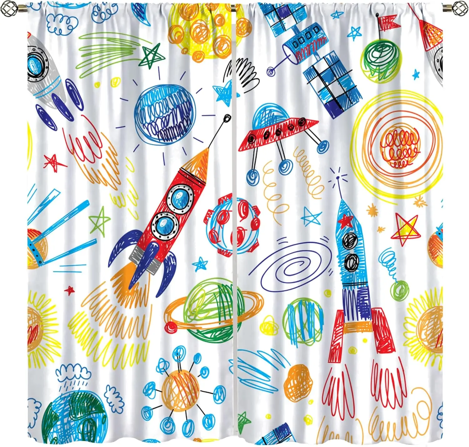 Kinder-Verdunkelungsvorhänge mit Aquarell-Motiven: Weltraum, Universum, Raketen, UFOs, Erde, Planeten, Bunte Handgemalte Buntstift-Kunst für Fenster
