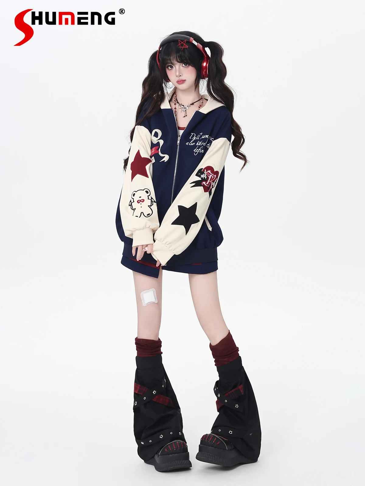 

Original Fashion Streetwear Y2K Girl Baseball Uniform Bear Embroidery Sweet Cool Loose Casual Hooded Jackets Tops Women Autumn