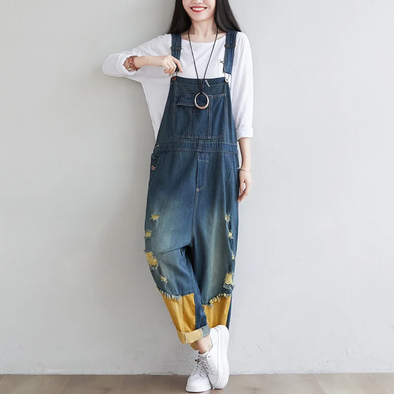 2024 Summer New Washed Worn Large Strap Pants Women Spliced Velvet Contrast Denim Jumpsuit Blue LX1557