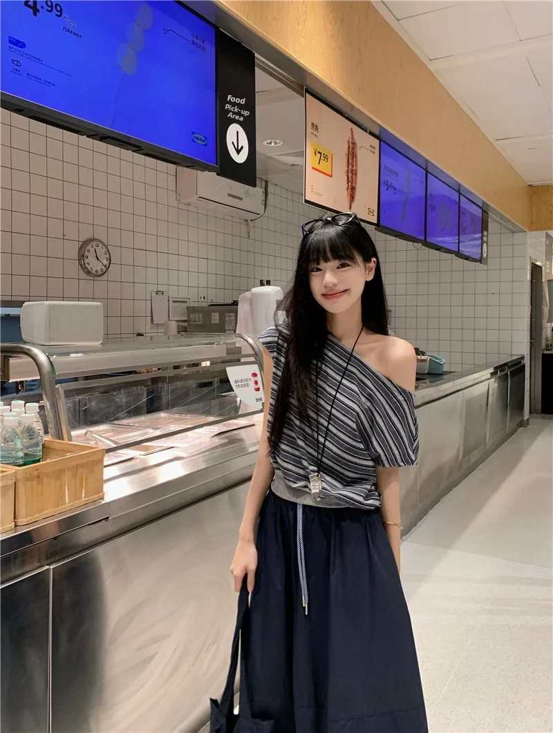 تي شيرت مخطط للفتيات من Sweet Cool Girl مع تنورة نصفية بخصر مطاطي، مجموعة صيفية جديدة من أزياء النساء، ملابس فضفاضة بأكمام قصيرة