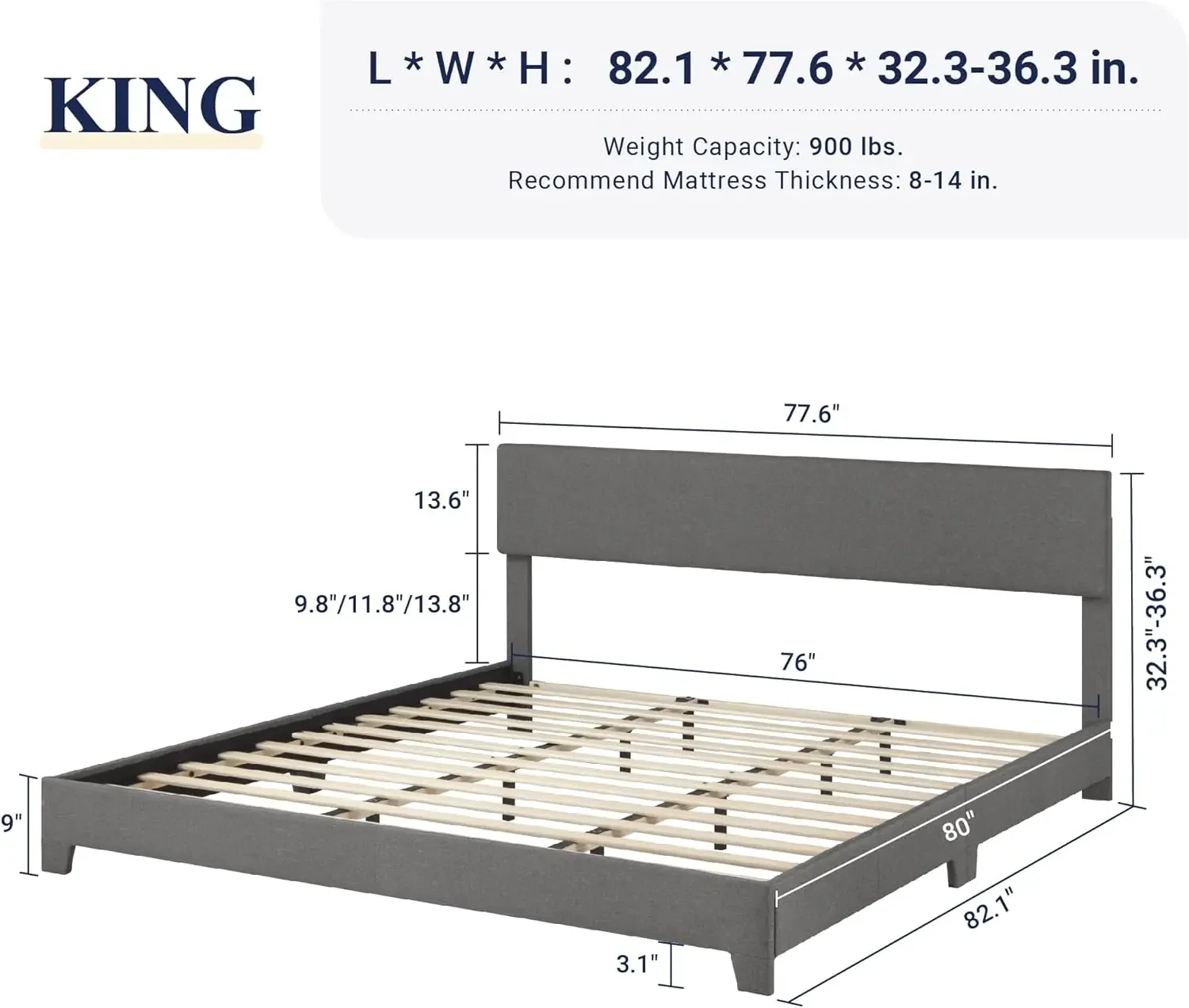 King Size Bed Frame with Adjustable Headboard, Upholstered Platform Bed with Wood Slats, Heavy Duty Mattress Foundation, No Box