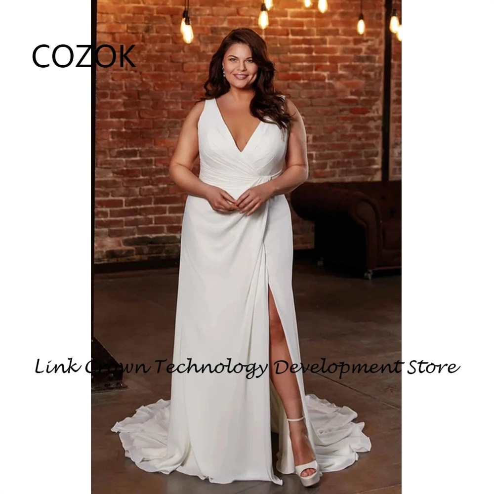 

COZOK Plus Size Strapless Wedding Dresses with Chiffon 2024 Summer Side Slit Bridal Gowns for Women New Court Train Vestidos De