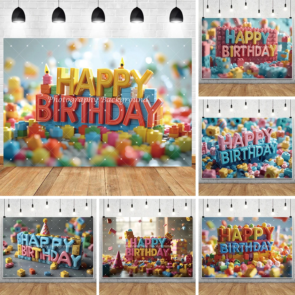 Building Blocks Backdrop with 3D Happy Birthday Letters Photography Background Kids Birthday Party Baby Shower Photo Booth Props