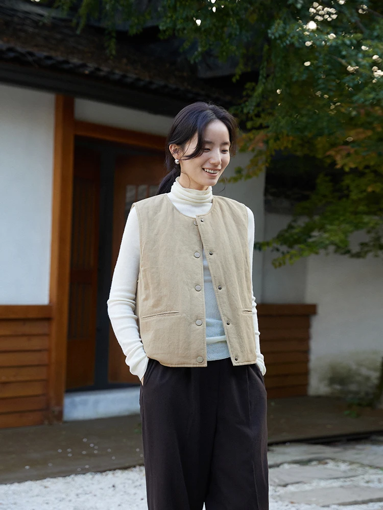 

Autumn Winter New Sle Cotton Lined Vest Jaet Two Piece Set Women's Faion round Ne Single Button Closure Cotton Linen ...