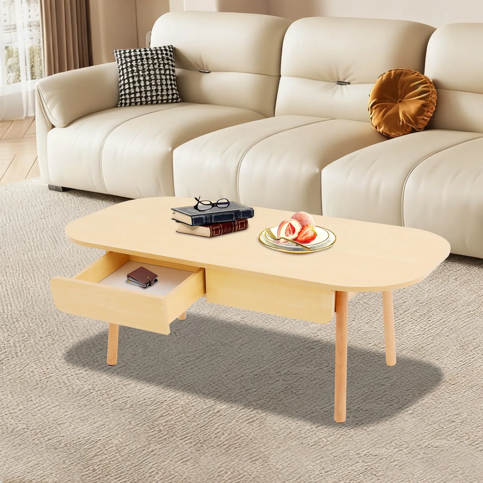 Modern Solid Wood Coffee Table With Storage With Double Drawers For Living Room
