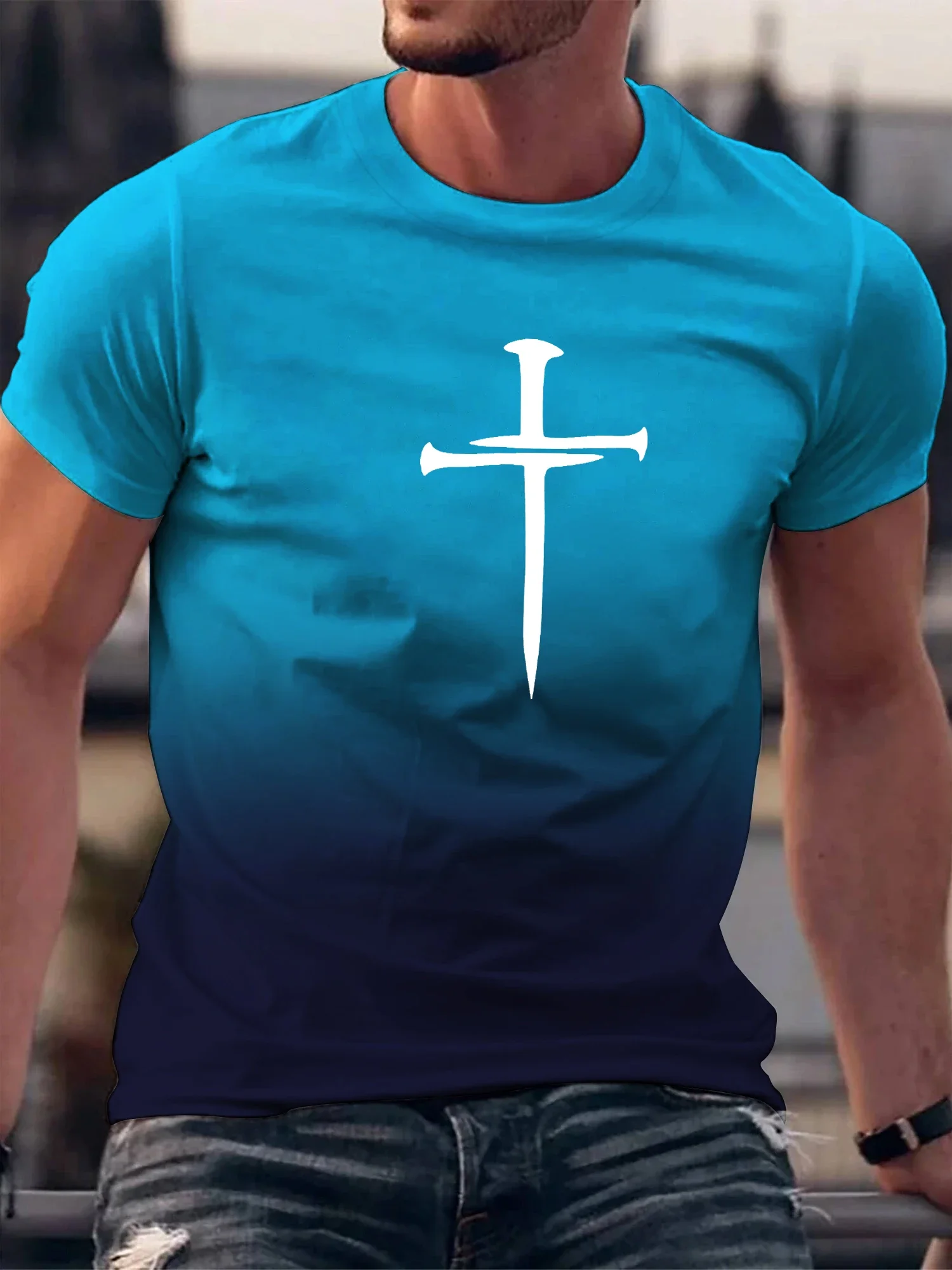 New Christian Cross Pattern Print Men\'s Comfy O-Neck T-shirt Graphic Tee Summer Clothes Outfits T Shirts