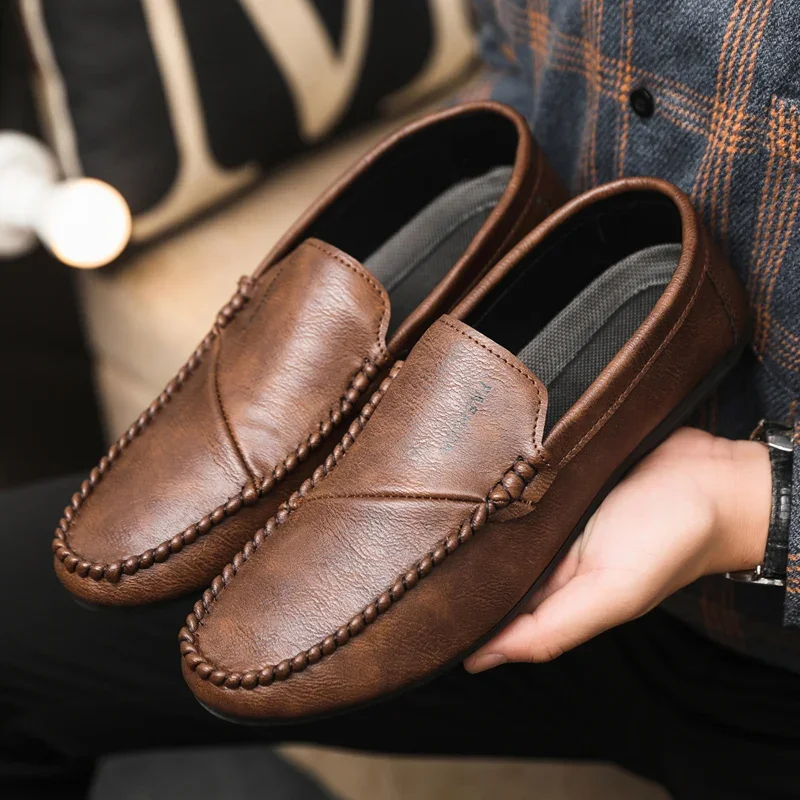 Business Casual Shoes Men Lazy Shoes Comfortable Leather Loafers For Men Slip-on Shoes Lightweight Non-slip Men's Driving Shoes
