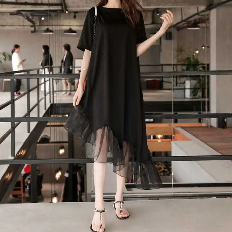 Summer New Plus Size Irregular Lace Patchwork T Shirt Dress Short Sleeve Street Casual Midi Dress Fashion Elegant Women Clothing