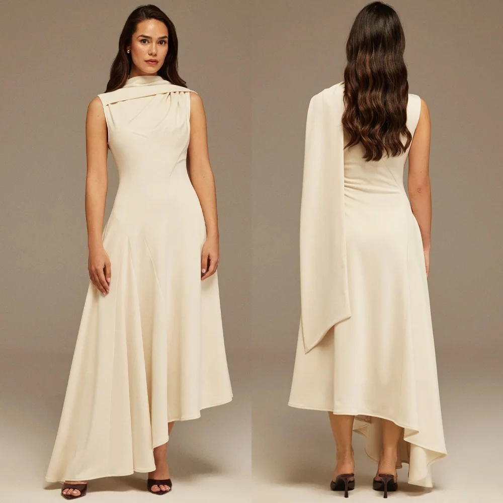 

Customized Sleeveless Midi Dress with Shoulder Scarf A-Line Evening Dresses Exquisite High Quality Prom Party Gowns for Women