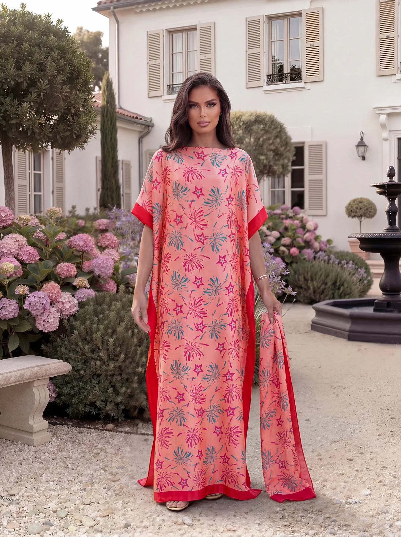 Firework Star Print Satin Abaya Scarf Set, Loose Batwing Maxi Kaftan, Muslim Women Summer Holiday Daily Beach Long Dress