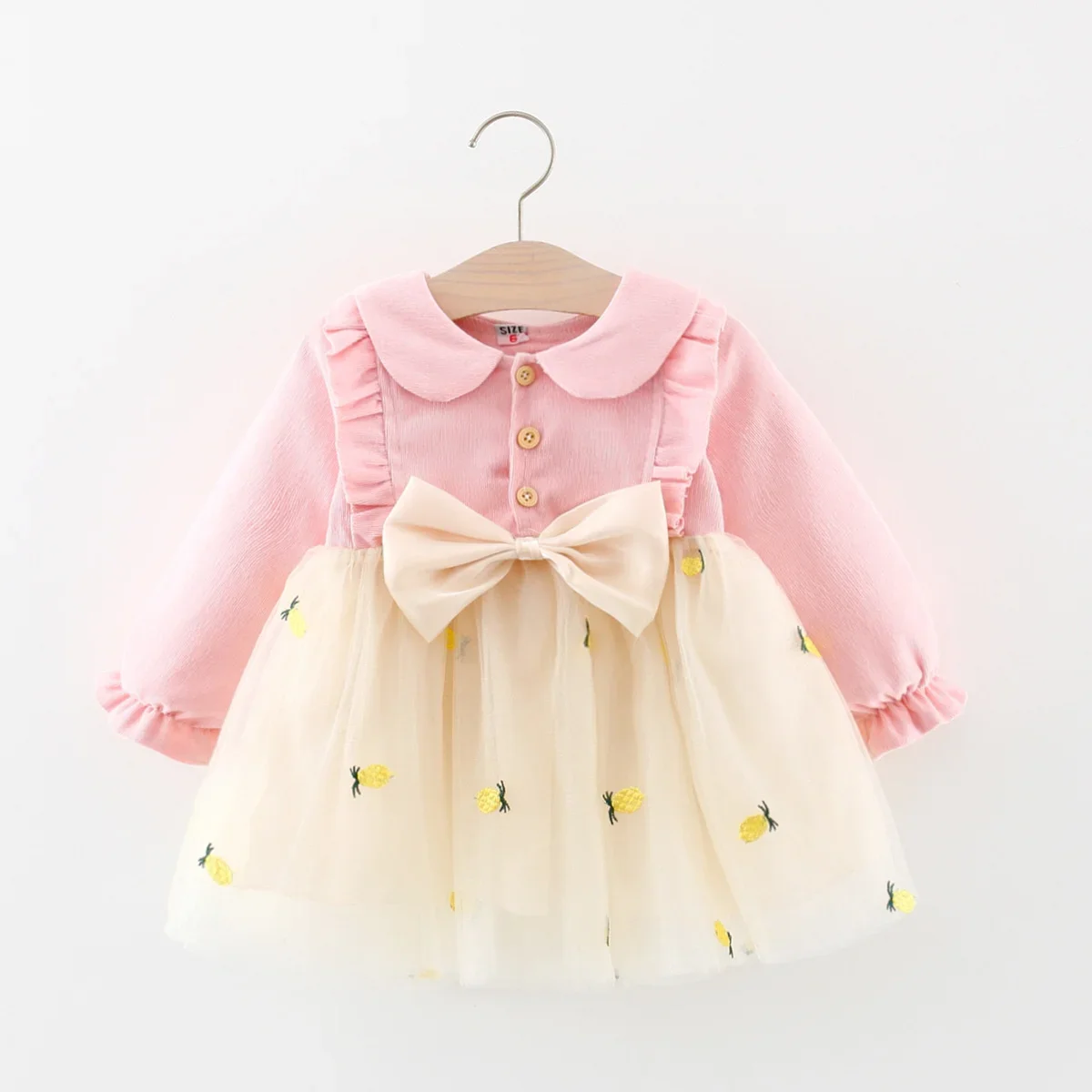 Girl's Baby Dress Spring and Autumn Girl's Cartoon Pineapple Embroidered Mesh Spliced Lapel Bow Long sleeved Dress