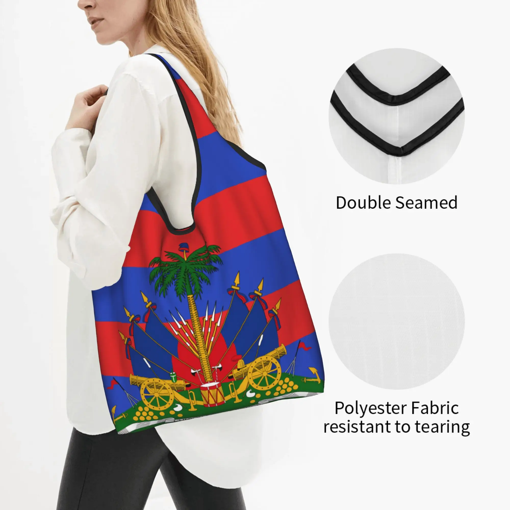 Recycling The National Emblem of Haiti Shopping Bag Women Tote Bag Portable Patriotic Groceries Shopper Bags