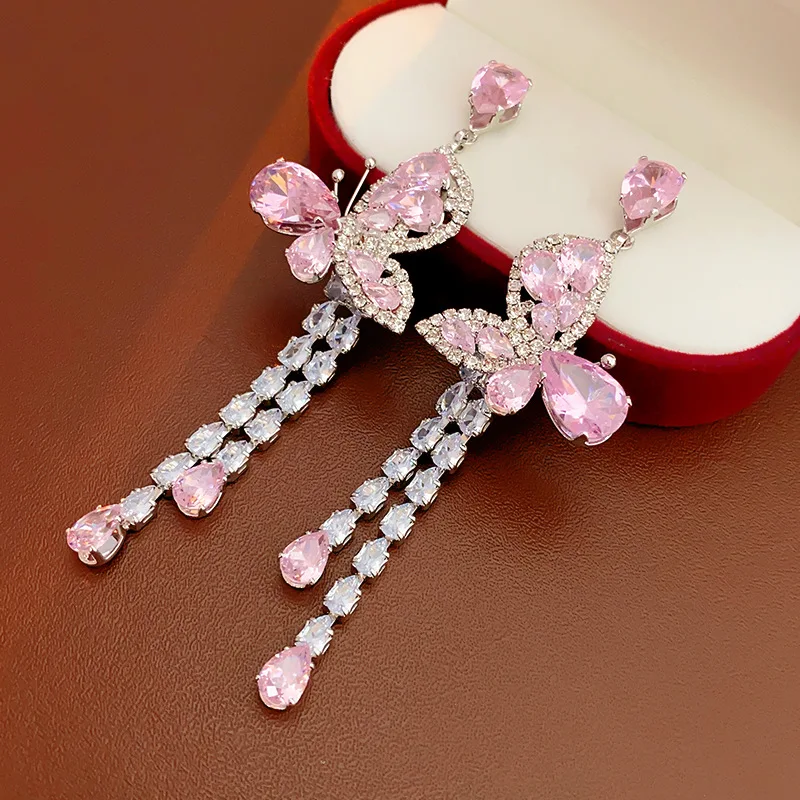 Rosa Zirkon-Ohrringe, modische und exquisite Schmetterlings-Quasten-Ohrringe, süße romantische Frau für Hochzeitsaccessoires K1
