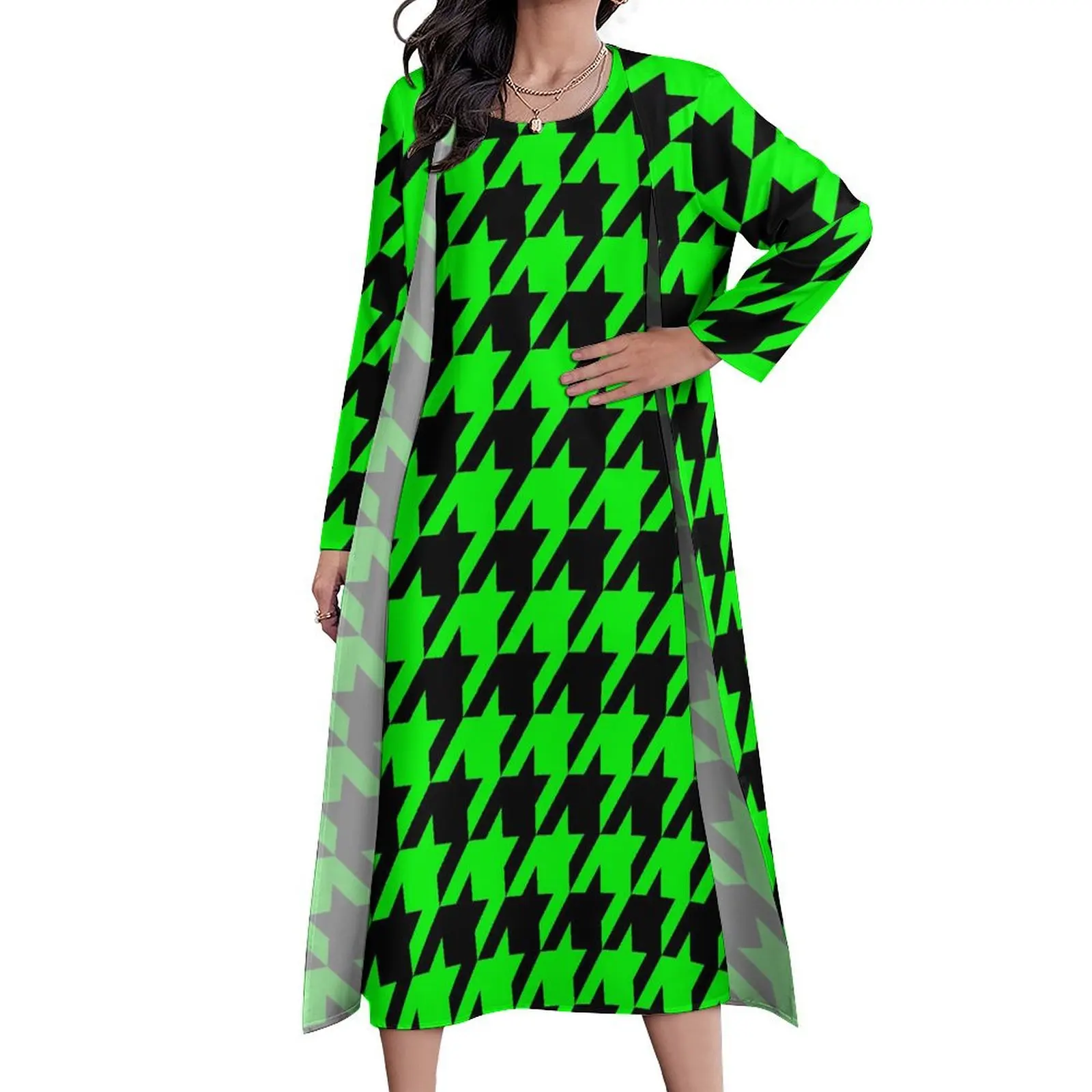 

Green Houndstooth Dress Vintage Print Vintage Maxi Dress Fashion Casual Long Dresses Female Two-Piece Graphic Oversized Vestidos