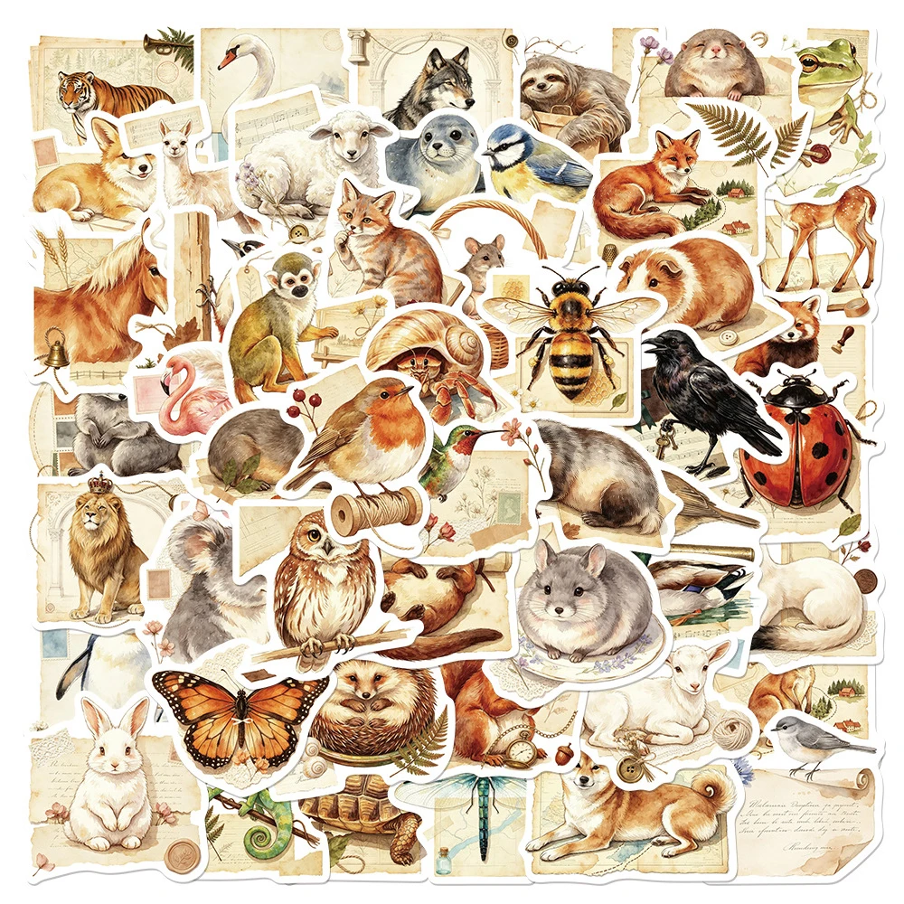 10/30/50pcs Retro Mix Animal Cartoon Stickers Hedgehog Squirrel Tiger Fox Frog Decals Vintage DIY Luggage Fridge Phone Case
