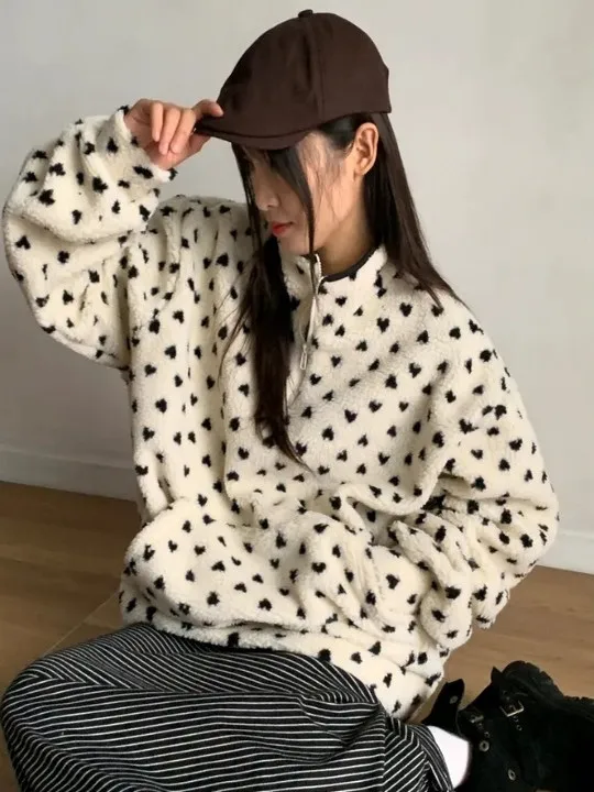 Inverno Vintage Dolce Cuore Giovane Look Colletto alla coreana f Zip Allentato Versatile Felpa pelosa Donna Coreana Sle Lazy Top