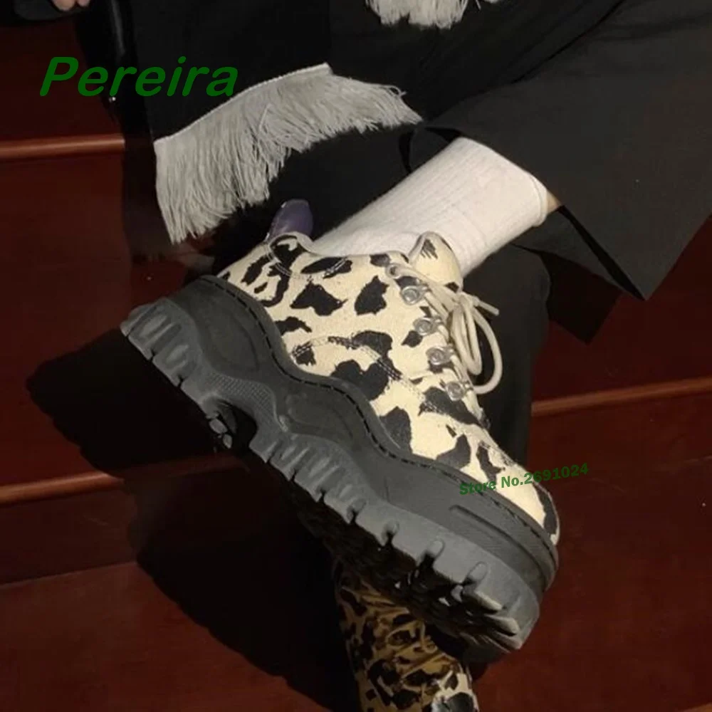 

Thick Sole Leopard Cluncky Sneakers for Women Round Toe Height Increasing Lace Up Cross Tied Shoes Casual Spring Autumn Sexy