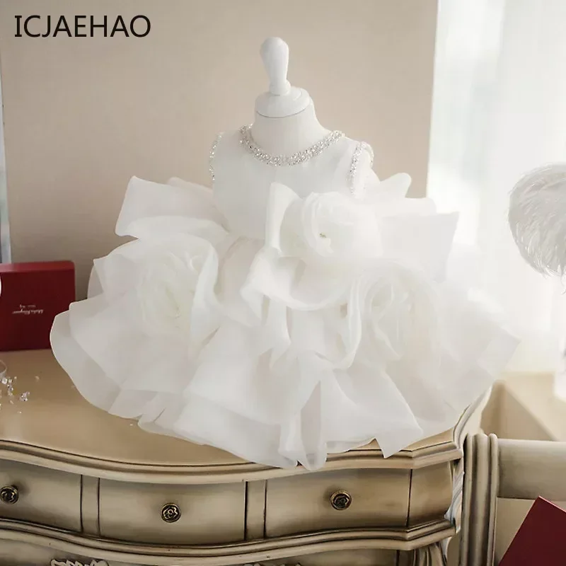 

ICJAEHAO Child Birthday Ball Gown Wedding Newborn Baby Girl Princess Tutu Dress White Flower Puffy Skirt Infant Toddle Summer