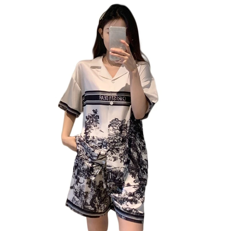 summer Women's Pajamas Set Luxury Satin Silk Pyjamas Short Sleeve Ink painting printing Sleepwear casual Home Clothes for Women image 5