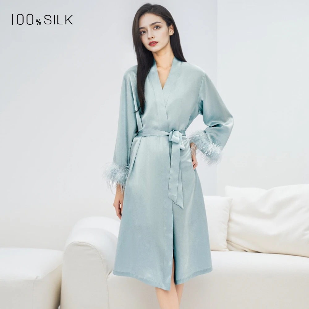 19 Momme Heavyweight Silk Robe Nightgown Set Luxurious Feather Mulberry Silk Pajamas New Style Morning Robe Outer Robe Sexy Home