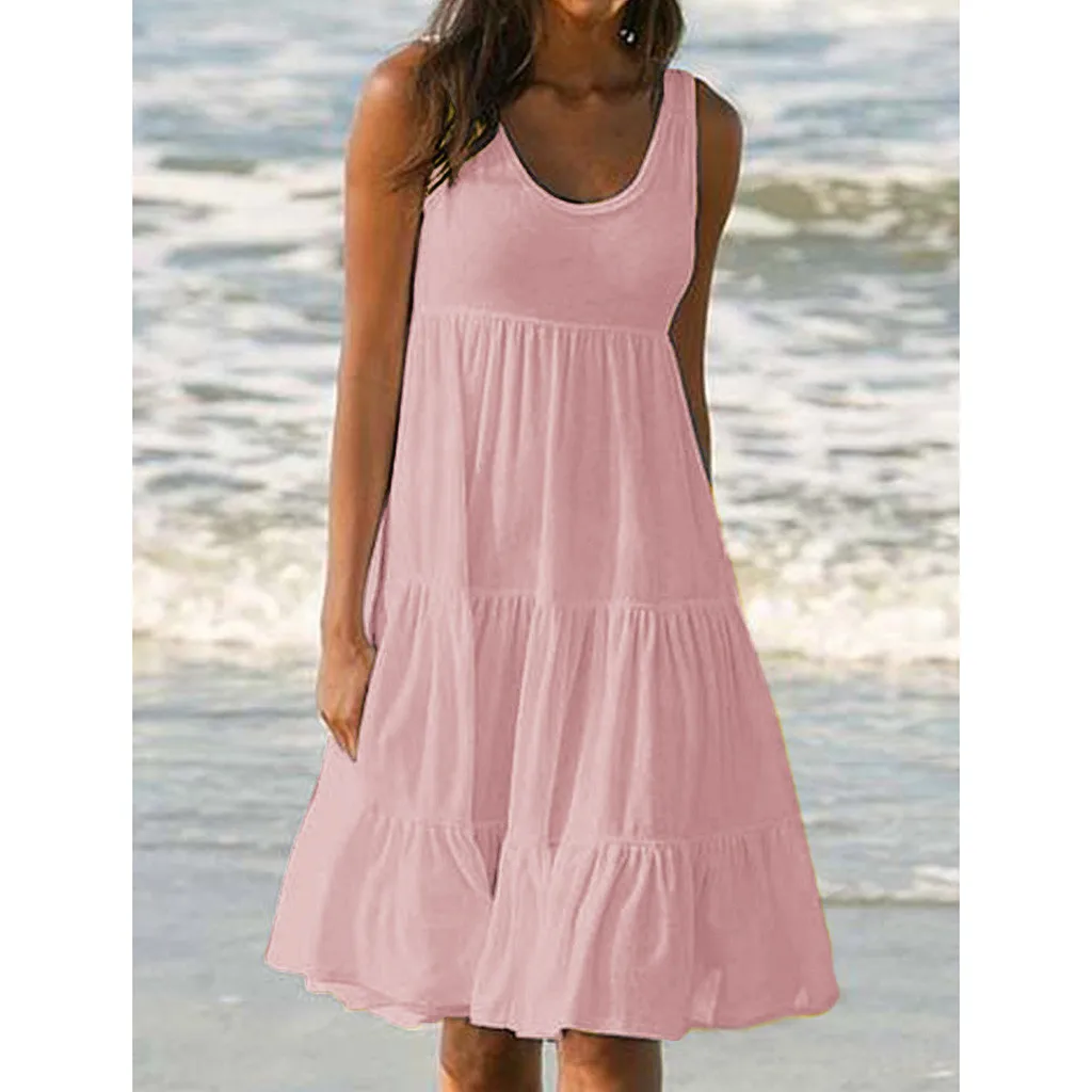 Women Boho Beach Dress Summer Spaghetti Strap Solid Color Loose Vacation Beach Cami Dress Ladies Cotton Tshirt Tank Sundress