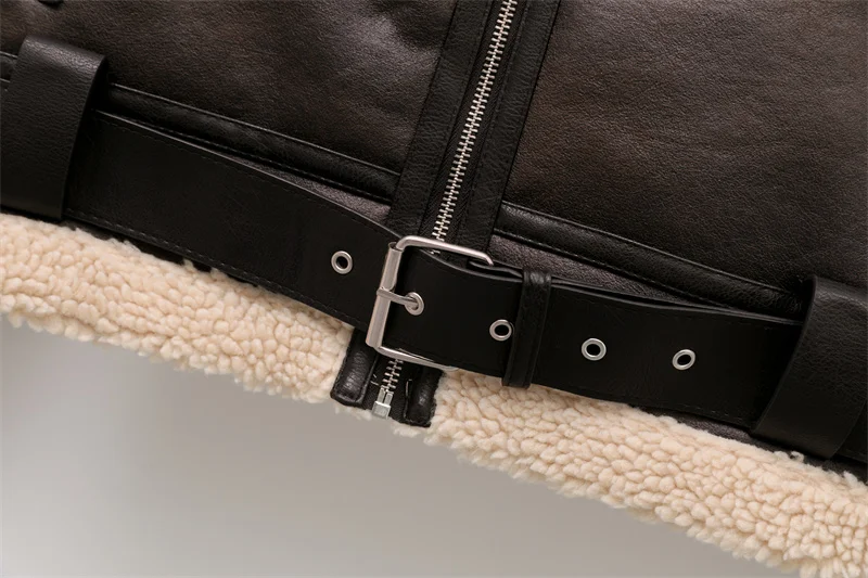 Neue Damenmode Dicke Warme Kunstfell-Jacke Vintage Langarm Mantel mit Gürtel für Frauen – Detail 4