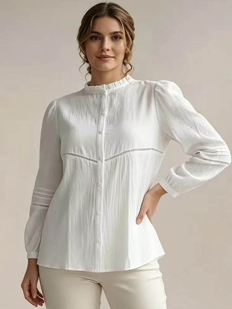 L-5XL Plus Size Autumn Spring Fashion Elegant White Shirt Blouse O-Neck 3XL 4XL Big Size Women Clothing Long Sleeve Tops