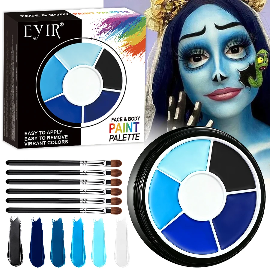 Paleta farb do twarzy i ciała niebieska czarna biała 6 kolorów Wodny zestaw makijażu SFX z 6 pędzlami na Halloween Cosplay Festiwal