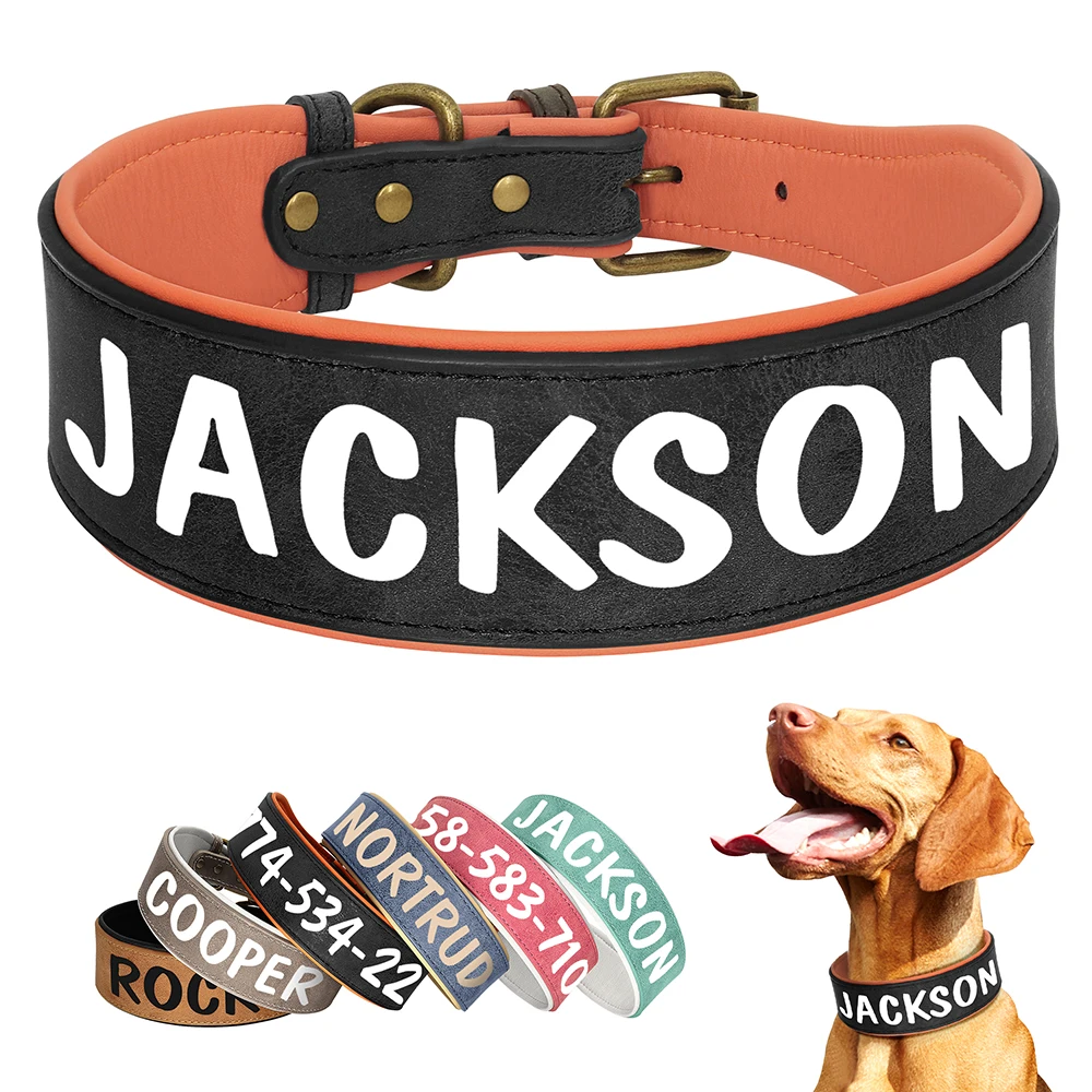 Personalized Leather Dog Collar Soft Padded Dogs Collars Free Print Pet Name Number Wide Necklace Durable for Medium Large Dogs