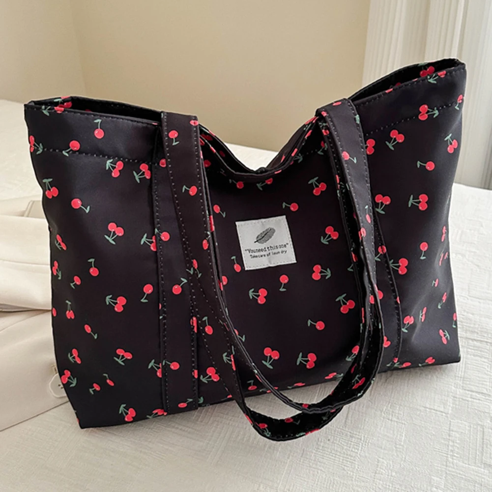 

Cute Cherry Strawberry Print Casual Tote Bag Large Capacity Shopping Bag Nylon Top Handle Bag Grocery Bag for Women