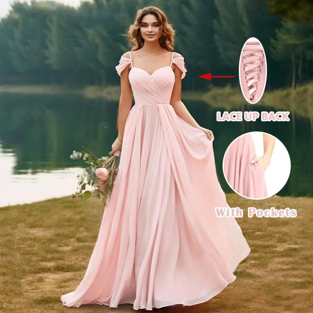 Szyfonowe sukienki dla druhen z odkrytymi ramionami, eleganckie sukienki dla kobiet, plisowane sukienki w kształcie litery A, długie sukienki dla gości weselnych z kieszeniami.