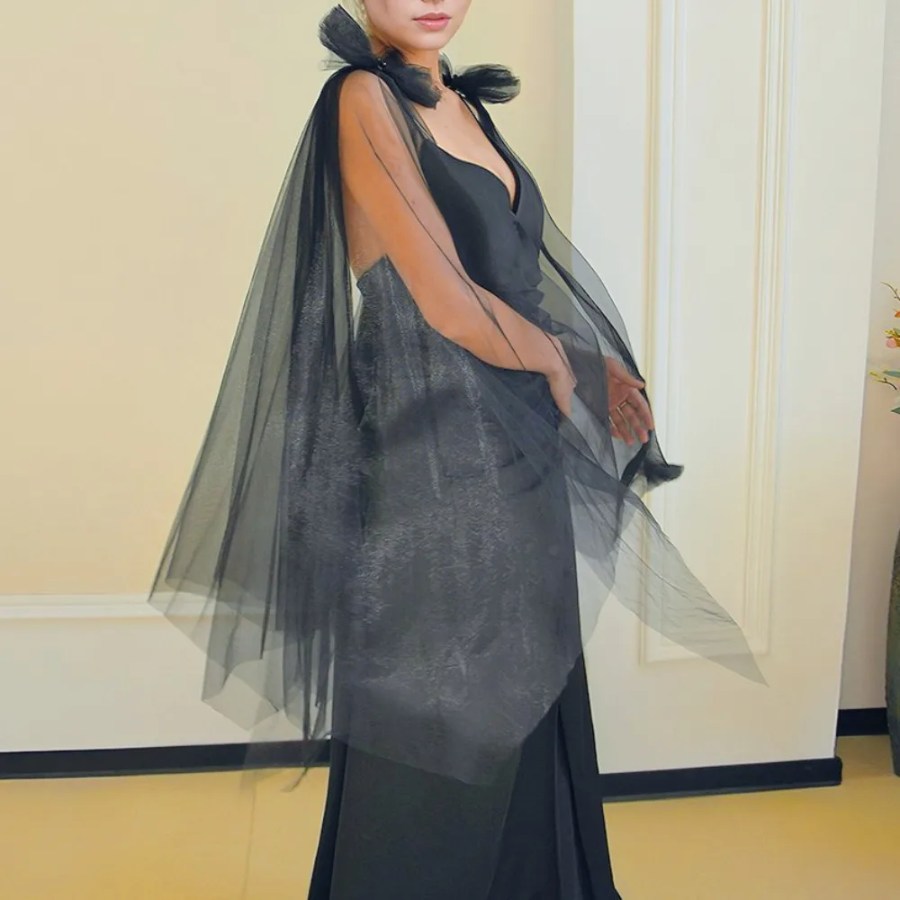 

Luxury Black Tulle Wedding Shawl Detachable Bow Shoulder Cape Covered for Party Dresses Wedding Accessories Women's Bolero