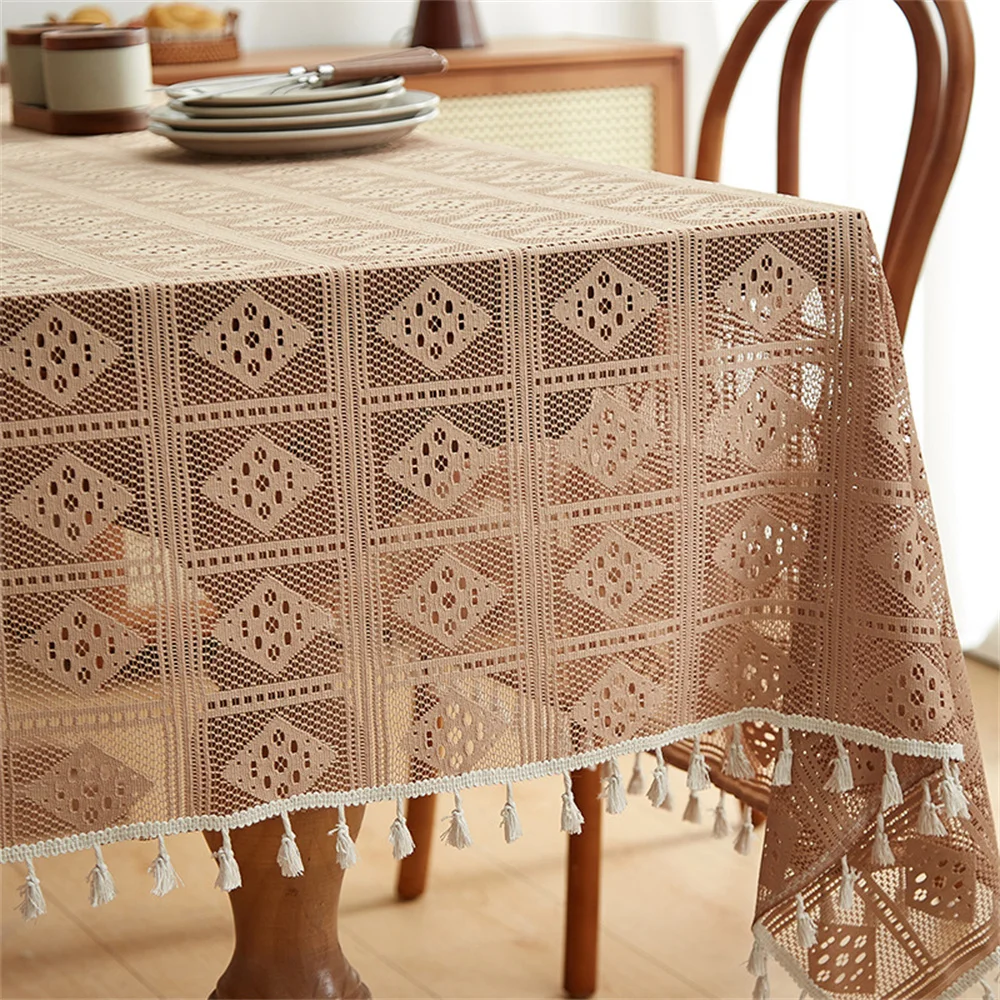 1Pcs Hollow Out Anti Slip Lace Dustproof Dining Table Cloth With Tassel Retro Rectangle Tablecloth Dining Room Table Decor