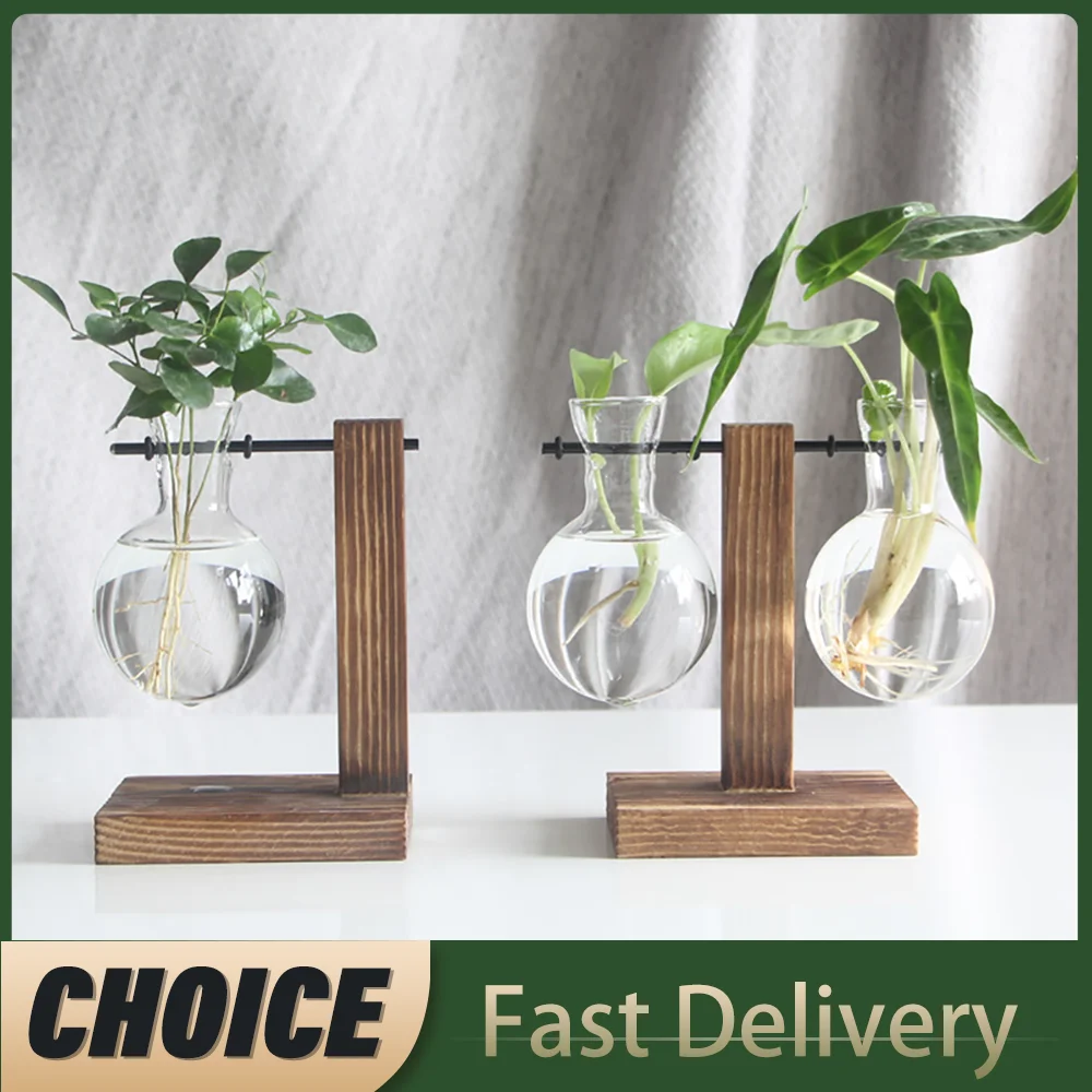 

Прозрачная ваза с лампочками и деревянной подставкой, настольный стеклянный плантатор для гидропоники, растений, кофейни, декор для комнаты
