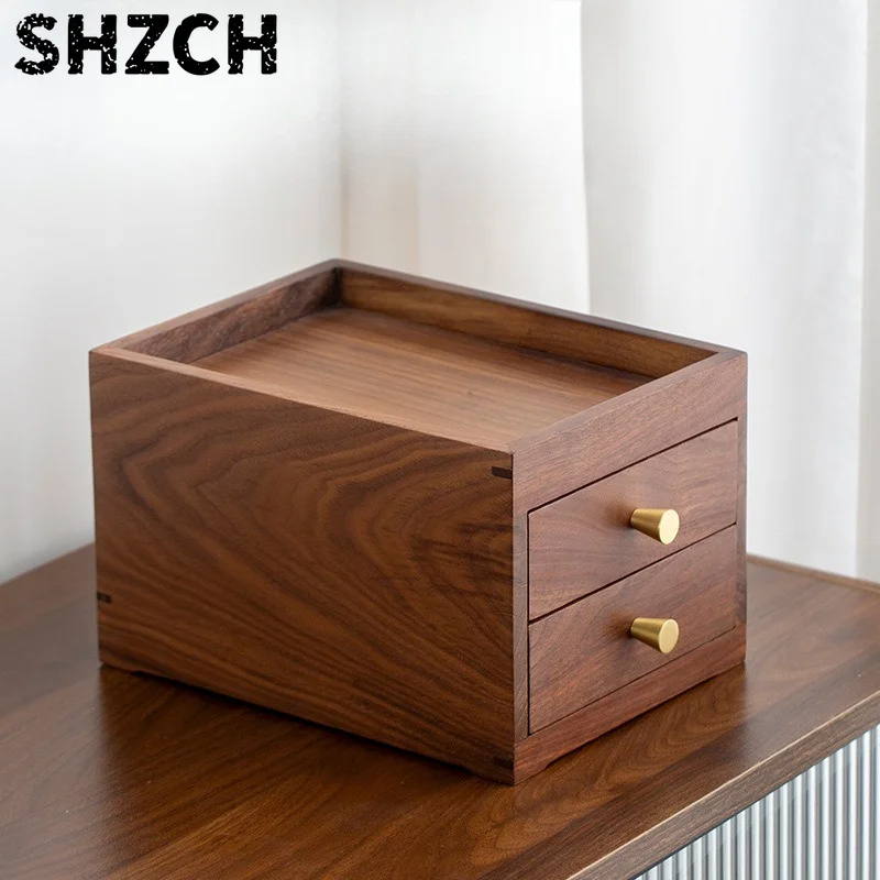 Walnut Solid Wood Drawer Box, New Chinese Tea Storage Cabinet, Desktop Cosmetics Organizer, Mortise Joint Small Display Case