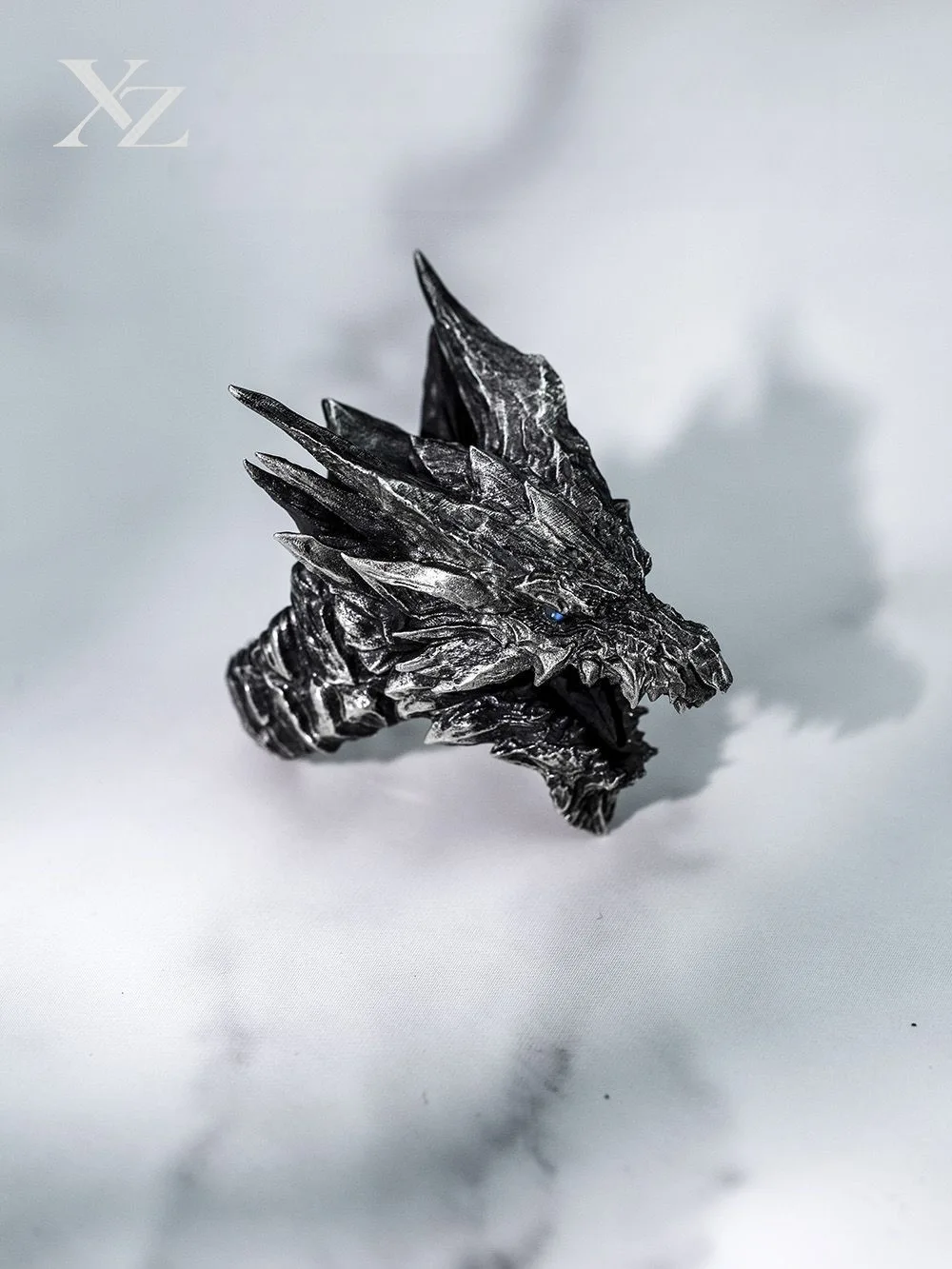 Premium Handmade Men's Monster Hunter Ring – Steel Dragon Silver Plated Moonstone, Agile Moving Design, High-End Accessories