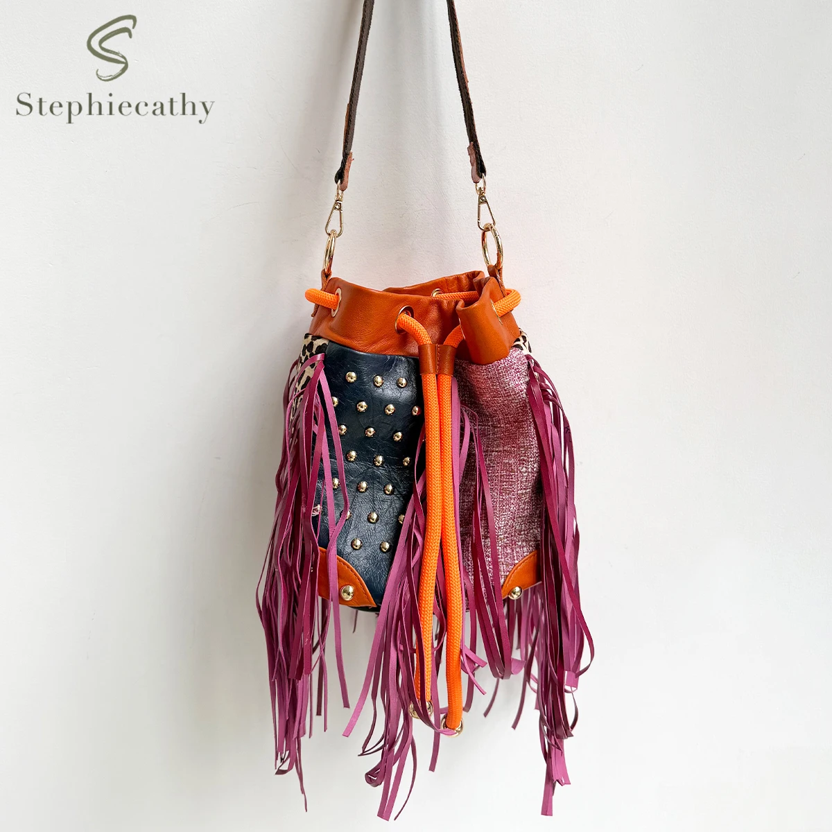 

Women Retro Cowhide Tassel Handbag Luxury Rivets Colorful Patchwork Leopard Print Bucket Purse Casual Cross body Shoulder Bag