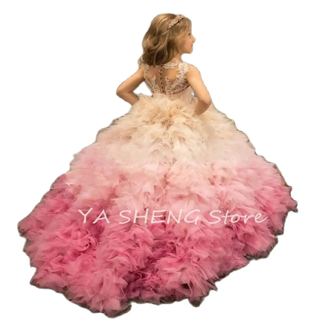 ชุดเดรสลูกไม้เจ้าหญิงเด็กผู้หญิงฟูฟ่องชุดเดรสวันเกิดสาวน่ารักแขนชุดเดรสเด็กผู้หญิงชุดเดรสปาร์ตี้งานแต่งงาน